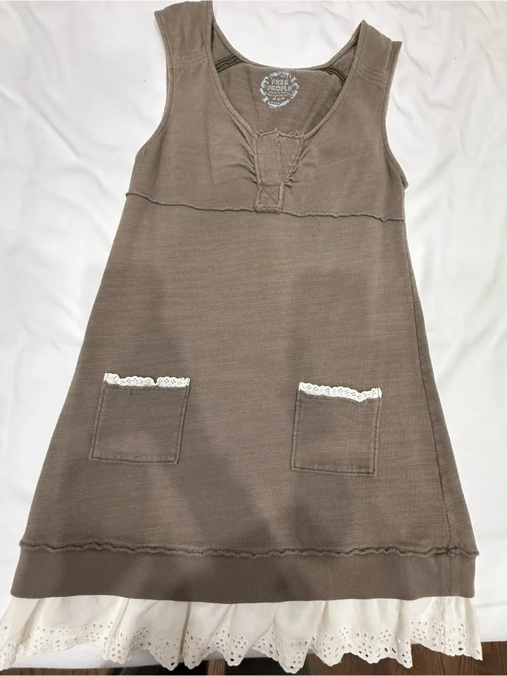 Free People Small Dress cotton Sleeveless Taupe Dress with Lace Trim - Picture 1 of 6